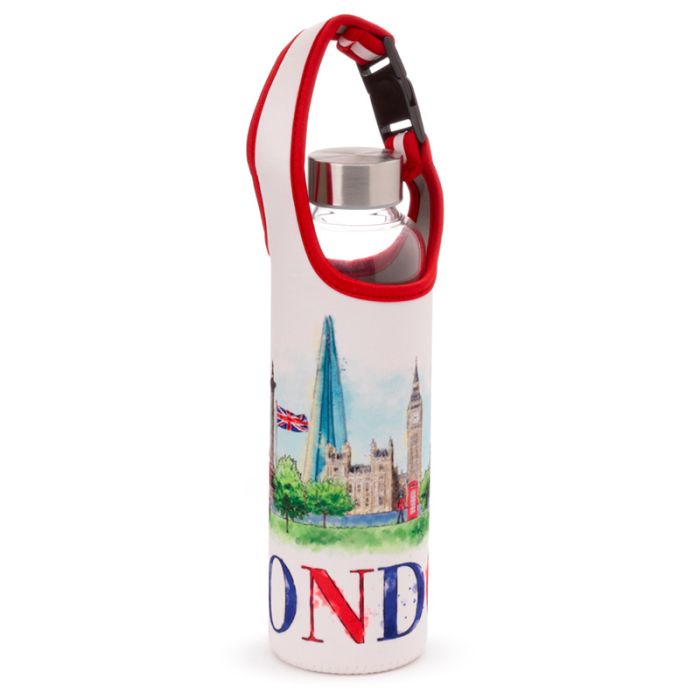 London Tour Glass Water Bottle with Protective Sleeve