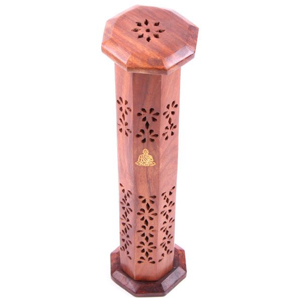 Sheesham Wood Ashcatcher Incense Tower Burner with Buddha Inlay