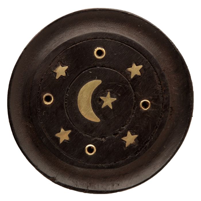 Mango Wood Moon & Stars Round Black Ashcatcher Incense Burner