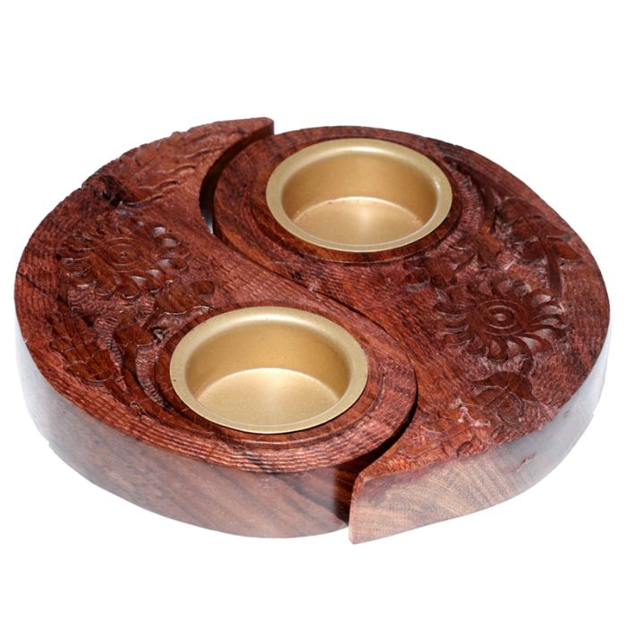 Carved Sheesham Wood Round Yin Yang Tea Light Holder (Item price is for both halves)