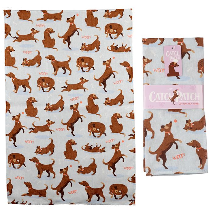 Poly Cotton Tea Towel Catch Patch Dog Design