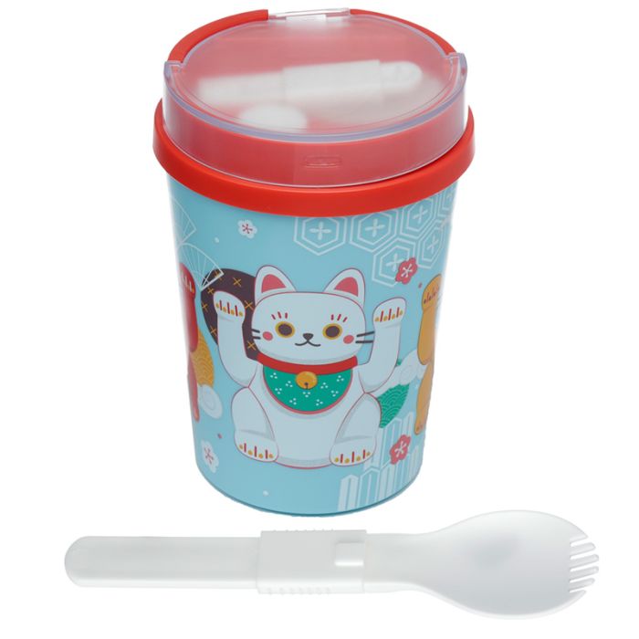 Maneki Neko Lucky Cat Reusable Lunch Pot / Snack Pot with Spork 500ml