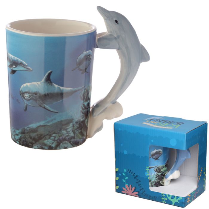 Dolphin Underwater Decal Ceramic Shaped Handle Mug