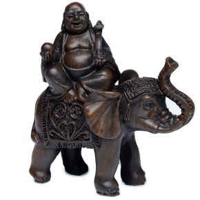 Peace of the East Brushed Wood Effect Lucky Buddha on Elephant Peace of the East Brushed Wood Effect Lucky Buddha on Elephant