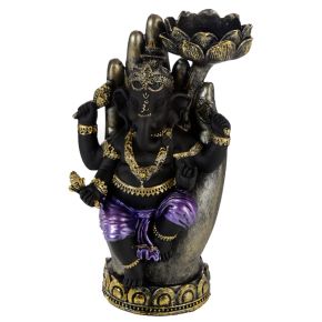 Purple, Gold & Black Ganesh in Hand Lotus Tea Light Candle Holder Purple, Gold & Black Ganesh in Hand Lotus Tea Light Candle Holder