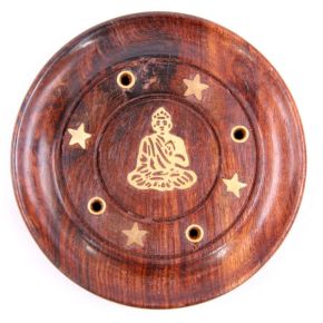 Sheesham Wood Round Ashcatcher Incence Burner with Buddha Inlay Sheesham Wood Round Ashcatcher Incence Burner with Buddha Inlay