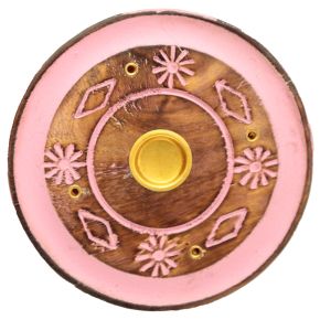 Mango Wood Round Painted Pink Flower Ashcatcher Incense Burner Mango Wood Round Painted Pink Flower Ashcatcher Incense Burner
