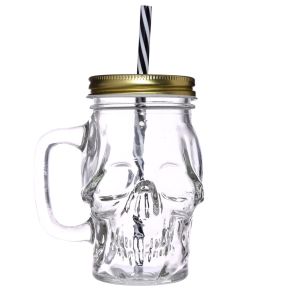 Glass Skull Drinking Jar with Metal Lid & Stripy Straw Glass Skull Drinking Jar with Metal Lid & Stripy Straw