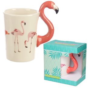 Flamingo Pinks with Flaming Decal Ceramic Shaped Handle Mug Flamingo Pinks with Flaming Decal Ceramic Shaped Handle Mug