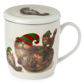 Kim Haskins Christmas Elf Cats Porcelain Infuser Mug Set with Lid Kim Haskins Christmas Elf Cats Porcelain Infuser Mug Set with Lid