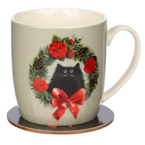Kim Haskins Christmas Wreath Cat Porcelain Mug & Coaster Set Kim Haskins Christmas Wreath Cat Porcelain Mug & Coaster Set